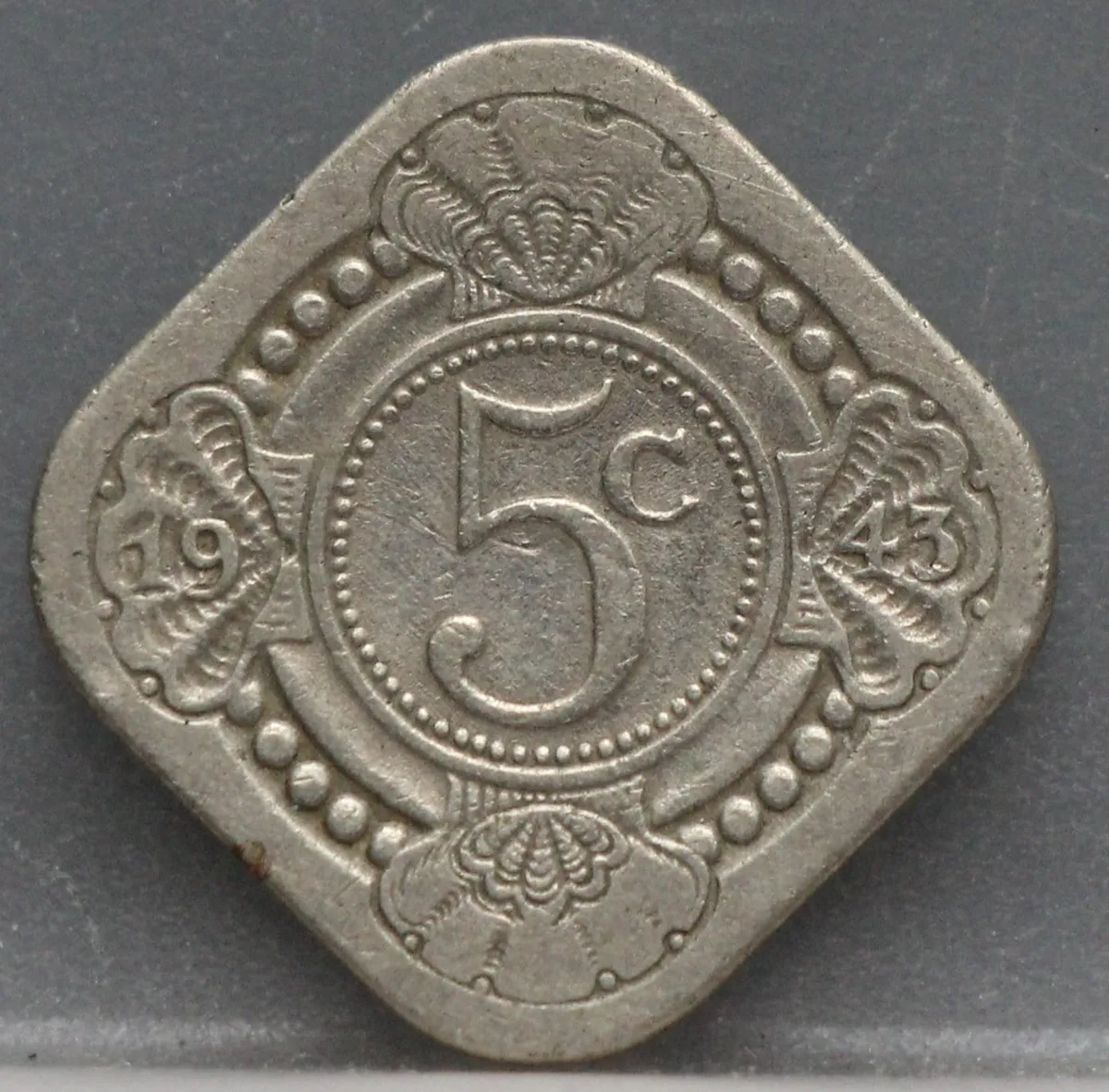 5 Cent 1943 — Vierkante Stuiver Cupronikkel voorzijde, Koninkrijk der Nederlanden