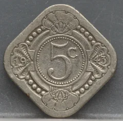 5 Cent 1943 — Vierkante Stuiver Cupronikkel voorzijde, Koninkrijk der Nederlanden