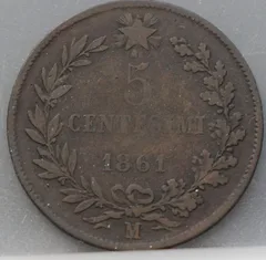 5 Centesimi 1861 (M) Italië — Koper voorzijde