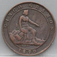 5 Centimos 1870 Spanje — Brons voorzijde