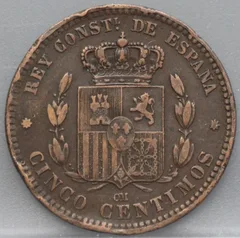 5 Centimos 1877 Spanje — Brons achterzijde