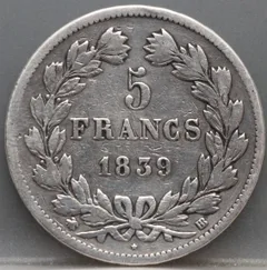 5 Francs 1839 BB Frankrijk Zilver achterzijde, Zilver (Ag)