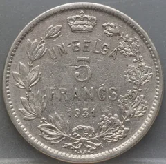 5 Francs 1931 België — Nikkel achterzijde