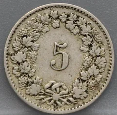 5 Rappen 1881 Zwitserland Cupronikkel achterzijde