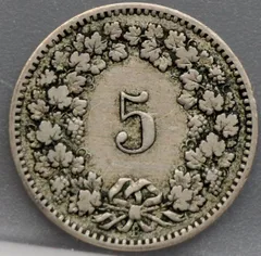 5 Rappen 1883 Zwitserland Cupronikkel achterzijde