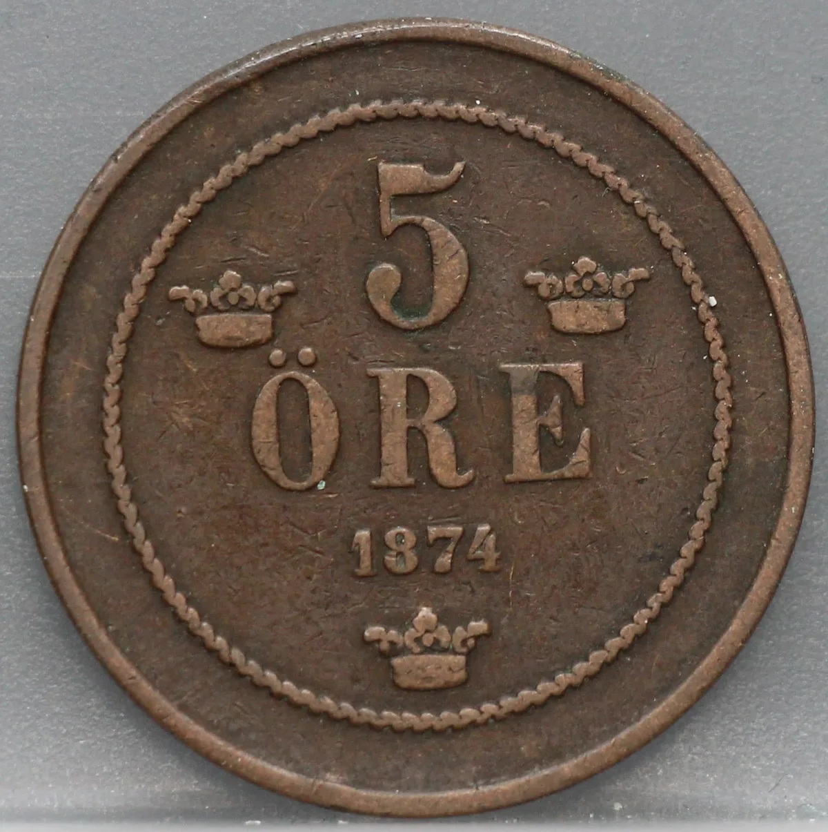 5 Öre 1874 Zweden — Brons voorzijde
