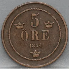 5 Öre 1874 Zweden — Brons voorzijde