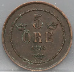 5 Öre 1876 Zweden — Brons voorzijde