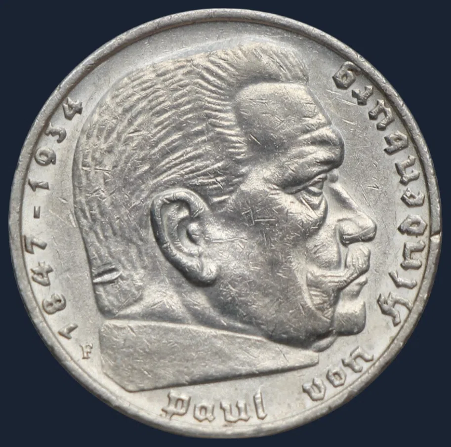 5 Reichsmark 1935 F Duitse Rijk Zilver Hindenburg