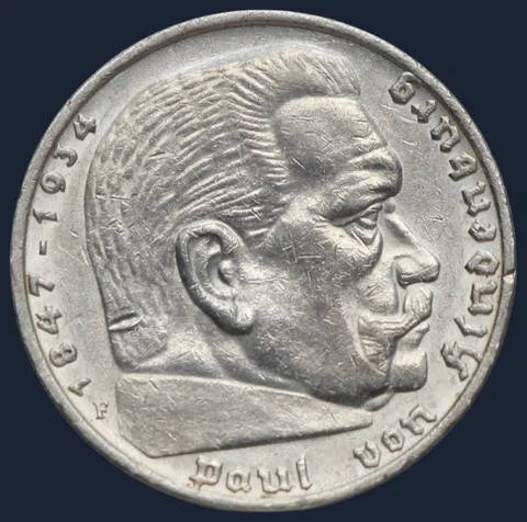 5 Reichsmark 1935 F Duitse Rijk Hindenburg Zilver