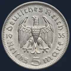 5 Reichsmark 1935 F Duitse Rijk Zilver Hindenburg