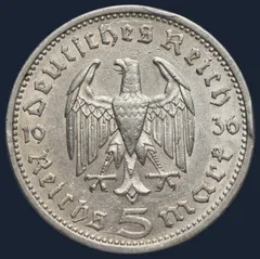 5 Reichsmark 1936 A Duitse Rijk Zilver Hindenburg