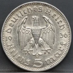 5 Reichsmark 1936 Duits Rijk Zilver — Paul von Hindenburg achterzijde, Zilver (Ag)