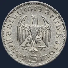 5 Reichsmark 1936 F Duitse Rijk Zilver Hindenburg