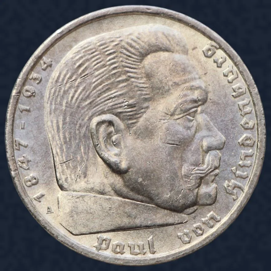 5 Reichsmark 1938 A Duitse Rijk Zilver Hindenburg