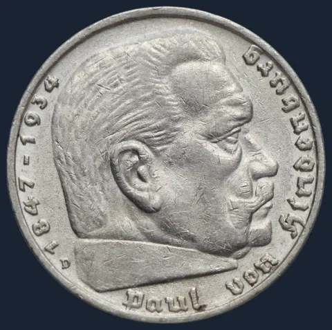 5 Reichsmark 1938 D Duitse Rijk Zilver Hindenburg