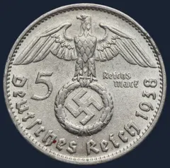 5 Reichsmark 1938 D Duitse Rijk Zilver Hindenburg