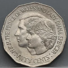50 Cents 1981 Australië — Huwelijk Prins Charles & Lady Diana voorzijde, Cupronikkel