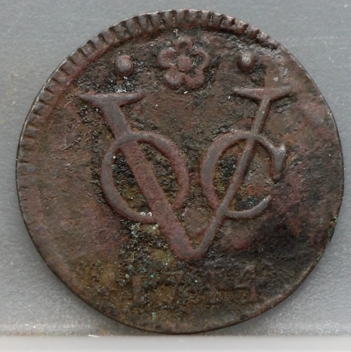 Duit 1744 Holland VOC — Koper voorzijde