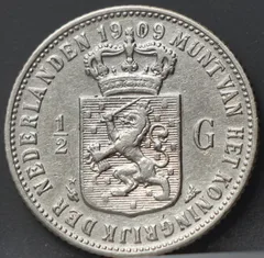 Halve Gulden 1909 — Zilver achterzijde, Zilver 945/1000, 1/2 Gulden