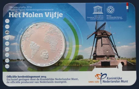 Nederland 5 euro 2014 Kinderdijk windmolens coincard UNC