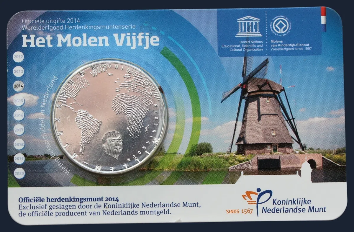 Nederland 5 euro 2014 Kinderdijk windmolens coincard UNC