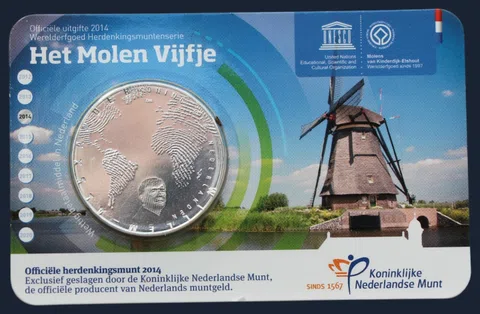 Nederland 5 euro 2014 Kinderdijk windmolens coincard UNC